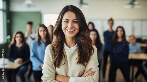 A cheerful female educator captured in a portrait, with students visible in the background, set within a school environment. © vadymstock