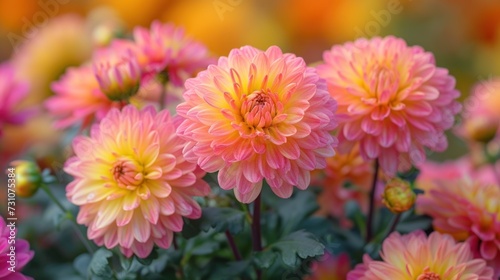 a close up of a bunch of pink and yellow flowers with green leaves in the foreground and a blurry background of yellow and pink flowers in the foreground.