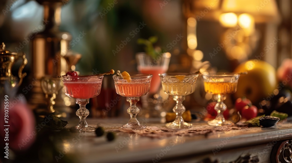 miniature cocktail glasses, each filled with a perfectly mixed tiny cocktail, arranged on a dollhouse-inspired lounge setting