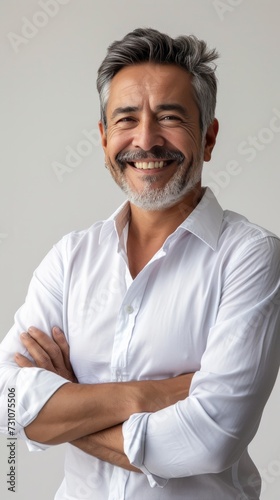 A studio portrait showcasing a content Hispanic mature businessman. The confident male professional is dressed in smart casual attire, with ample copy space provided for text. © vadymstock
