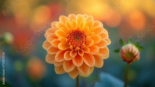 a close up of an orange flower with a blurry background of leaves and a blurry background of flowers.