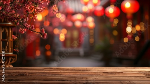 empty wooden table, blurred Chinese house background, Chinese New Year, 