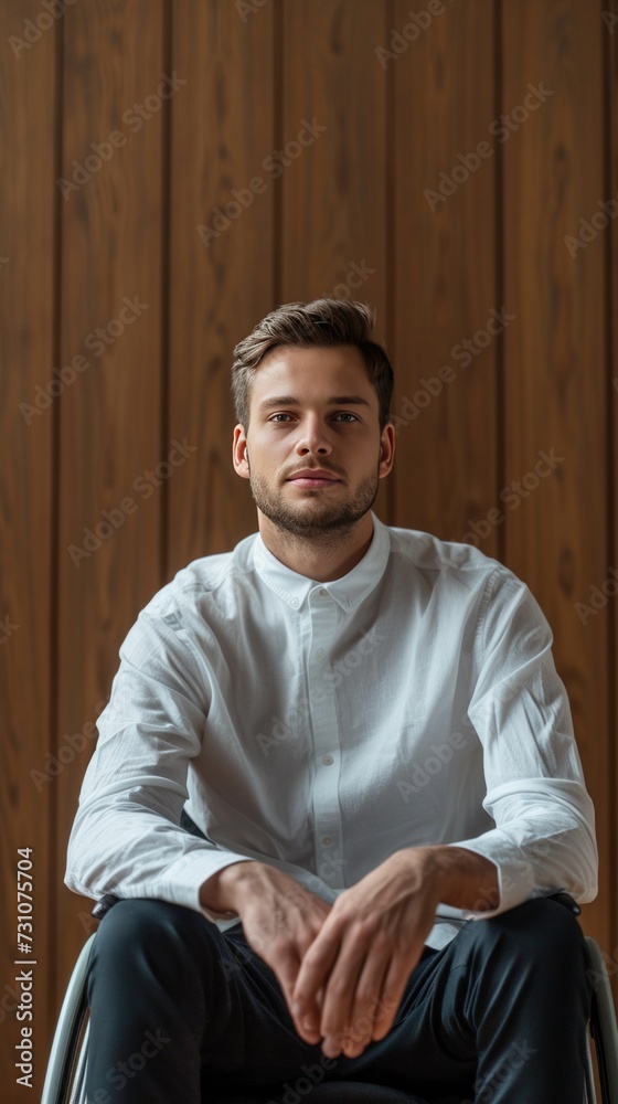 A portrait featuring an office worker, confidently gazing at the camera, with a young wheelchair user exuding confidence while looking directly at the camera. The backdrop showcases wood paneling. A portrait featuring an office worker, confidently gazing at the camera, with a young wheelchair user exuding confidence while looking directly at the camera. The backdrop showcases wood paneling.