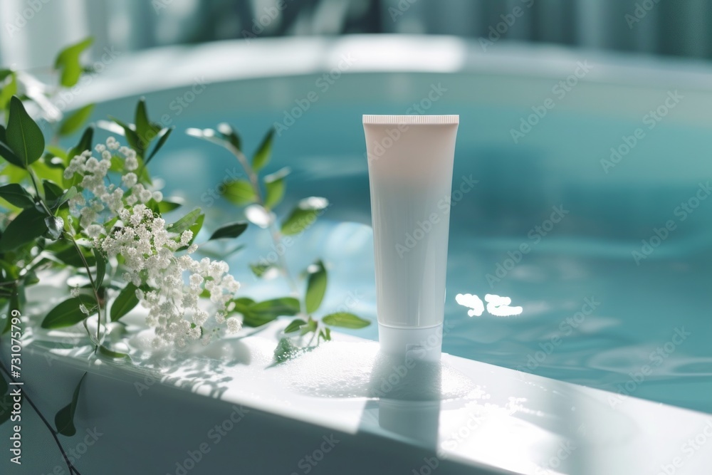 mockup cosmetic matte tube on the edge of the bath, bathroom background, white flowers mockup cosmetic matte tube on the edge of the bath, bathroom background, white flowers