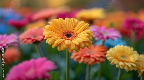 a close up of a bunch of flowers with many colors of flowers in the foreground and a blurry background. photo