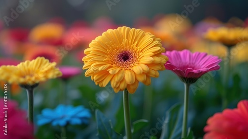 a close up of a bunch of flowers with many colors of flowers in the background and a blurry background. photo