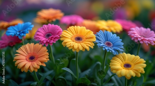 a close up of a bunch of flowers with many colors of flowers in the middle of the frame and a blurry background.
