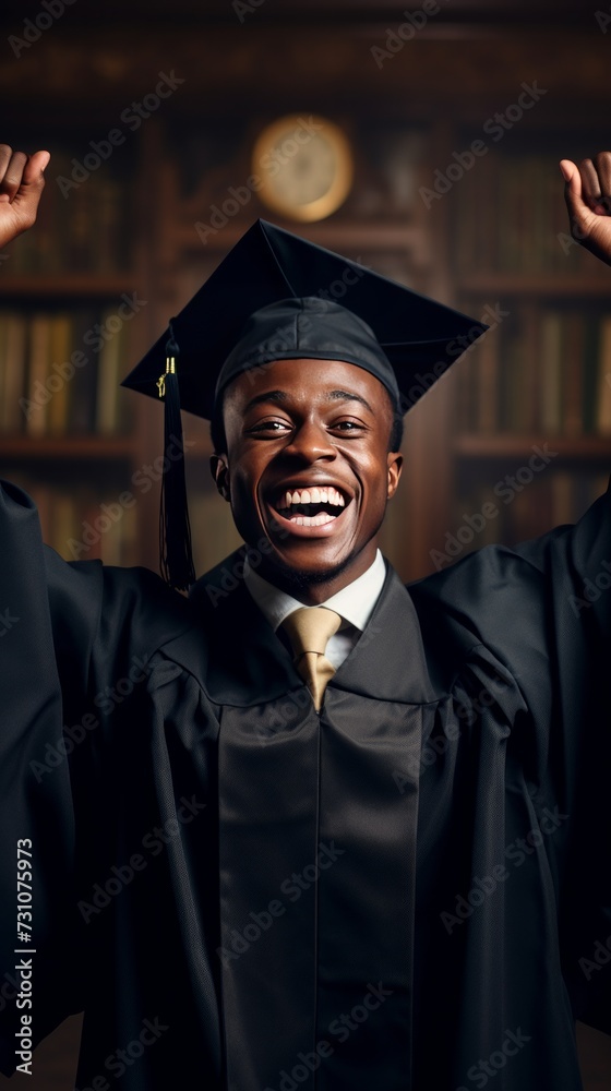 A portrait of a young Black university graduate celebrates achievement with joy and motivation, symbolizing educational success and future prospects.