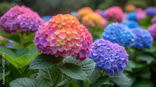 a close up of a bunch of flowers with leaves in the foreground and a blurry background in the background. photo