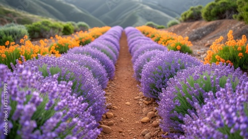 a field of lavenders and orange flowers with mountains in the background in the distance is a dirt path in the foreground.