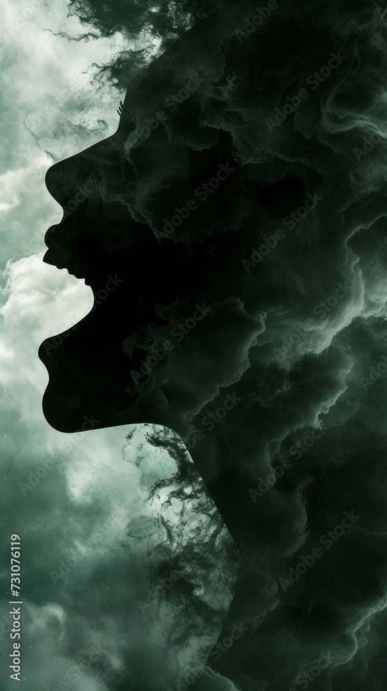 Contemporary artwork: Profile silhouette of a woman screaming with a storm cloud inside her head.