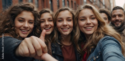 Selfie in a group of friends enjoy together in an urban environment, sharing laughter and good times. Their expressions and postures reflect joy and unity photo