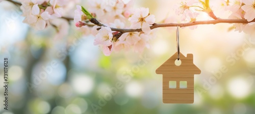 Blooming spring garden with house key hanging on tree branch, blurred private home in background
