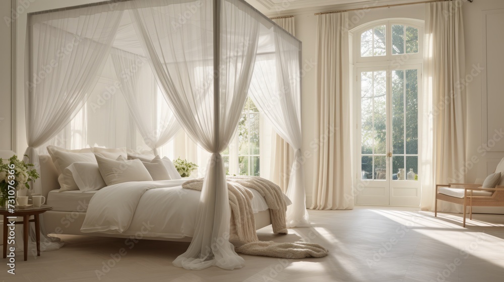 Fototapeta premium An image showcasing an elegant white bedroom with canopy curtains, creating a luxurious and serene sleep space