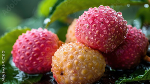 a group of raspberries sitting on top of a green leafy plant with drops of water on them.