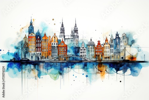 Watercolor Painting of Amsterdam City Skyline
