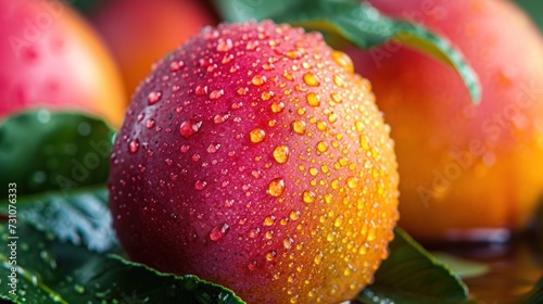 a close up of a bunch of fruit with drops of water on the top of it and on top of the leaves.