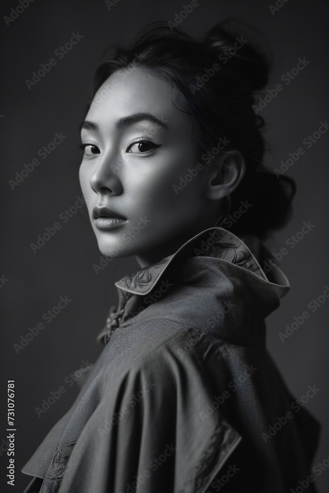 Eccentric Asian female in cape with high collar. Vertical monochrome portrait