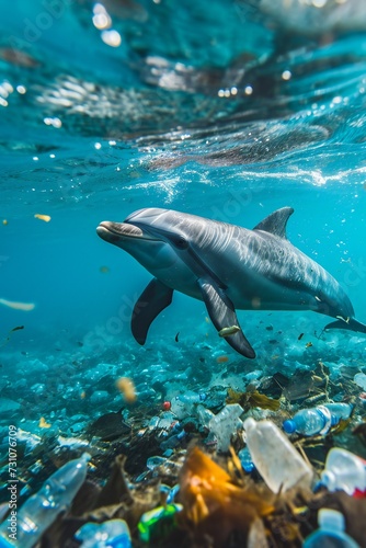 Dolphin swimming gracefully around ocean trash. Vertical