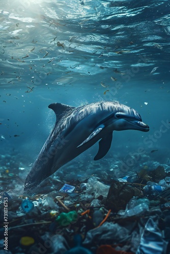 Dolphin swimming gracefully around ocean trash. Vertical