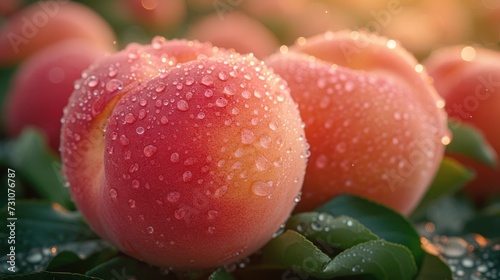 a close up of two peaches with drops of water on them and a green leafy bush in the foreground. photo