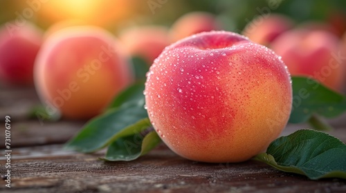 a close up of a peach on a wooden surface with other peaches in the background and water droplets on the top of the peach.