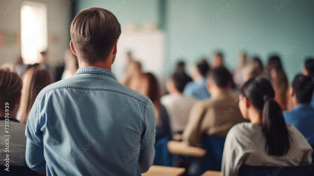 Fototapeta premium In the classroom, a large group of students listens attentively to their high school teacher, with focus on a boy in the middle.