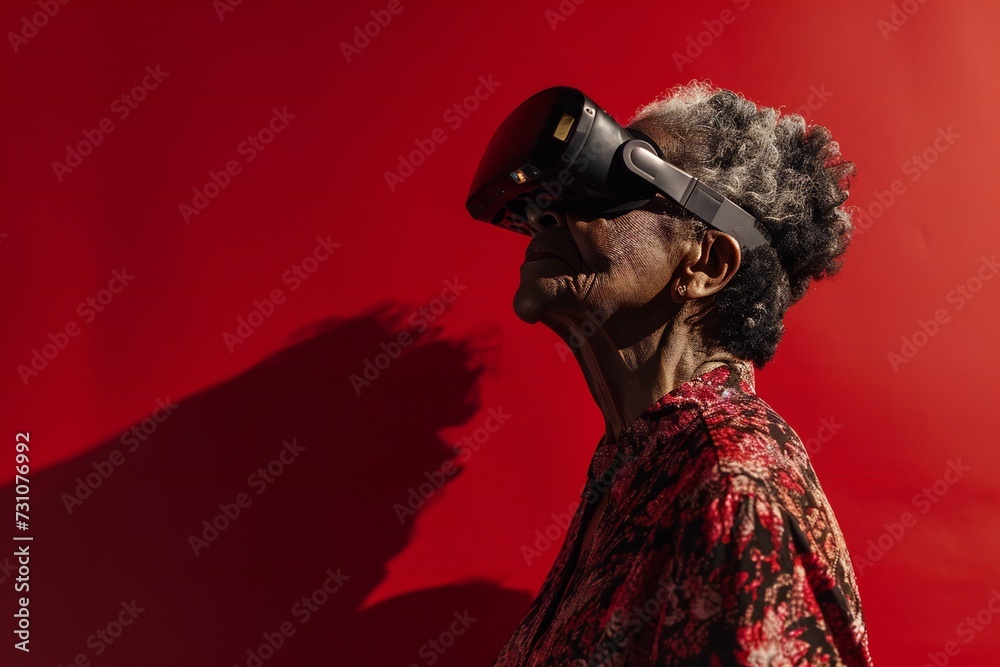 Full body portrait of confident African American old woman wearing VR headset