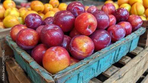 a wooden crate filled with lots of red and yellow apples sitting on top of a pile of yellow and red apples.