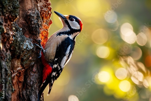 Great spotted woodpecker on a tree trunk. photo