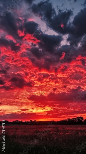 The morning sky ablaze with red hues, featuring a sunrise and clouds at dawn.