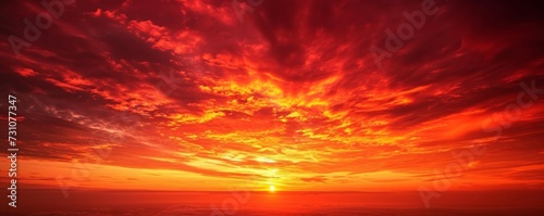 The morning sky ablaze with red hues, featuring a sunrise and clouds at dawn.