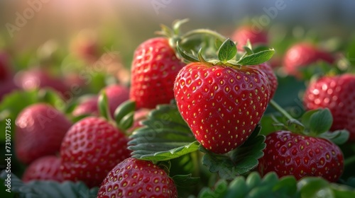 a close up of a bunch of strawberries in a field of strawberries with the sun shining on them.