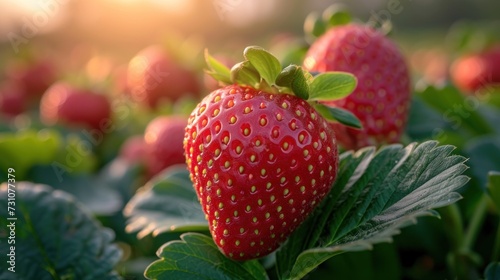 a close up of a group of strawberries growing in a field of strawberries with the sun in the background.