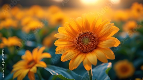 a sunflower in a field of sunflowers with the sun shining through the leaves and the sky in the background.