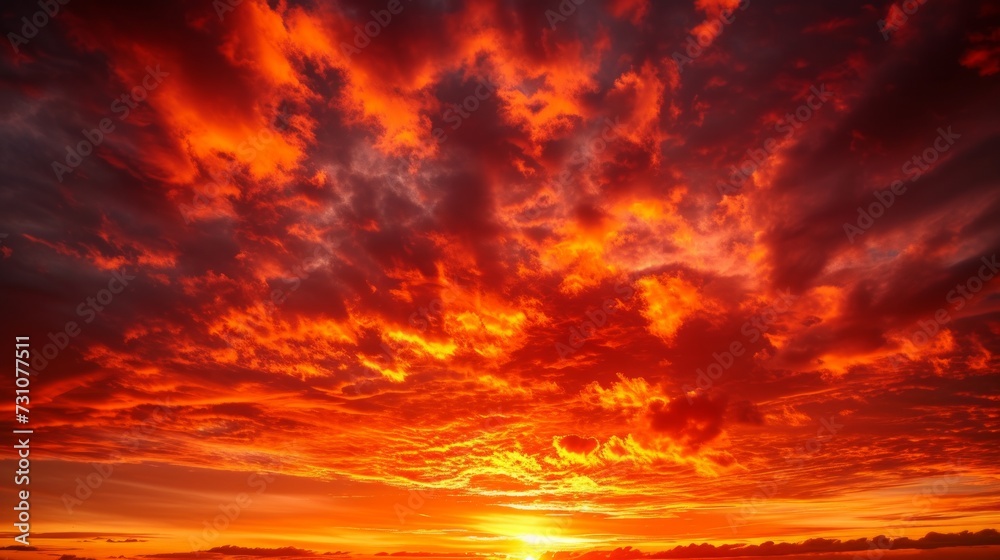 The morning sky ablaze with red hues, featuring a sunrise and clouds at dawn. - obrazy, fototapety, plakaty 
