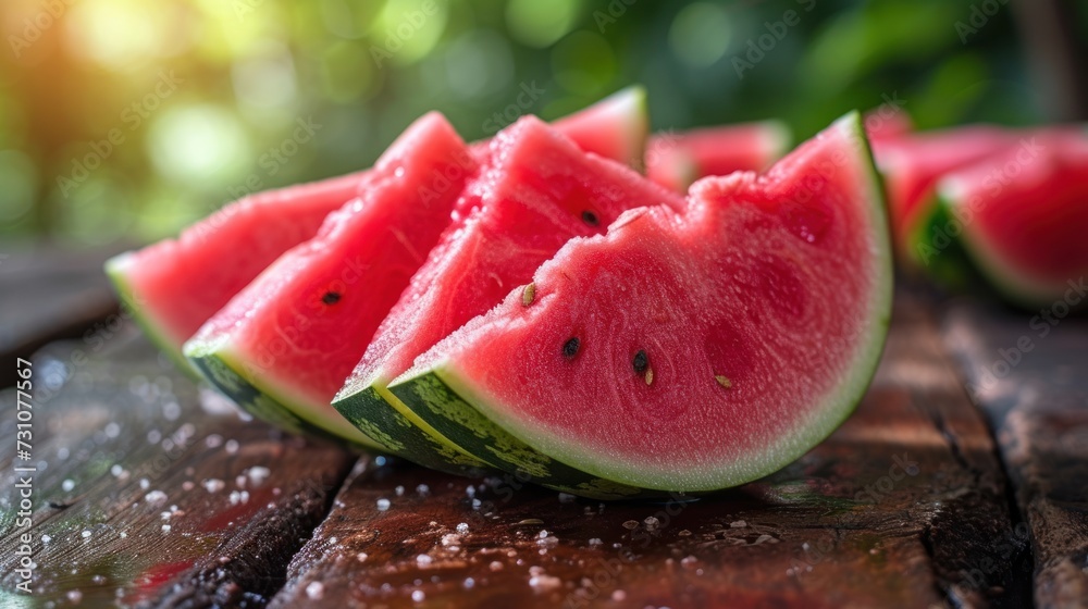 a group of slices of watermelon sitting on top of a wooden table next to another piece of watermelon. a group of slices of watermelon sitting on top of a wooden table next to another piece of watermelon.
