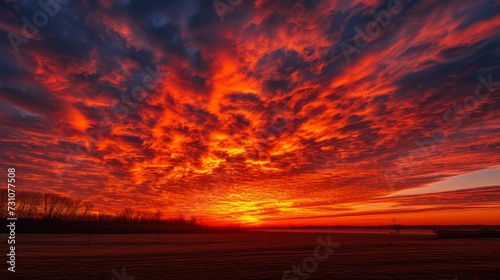 The morning sky ablaze with red hues  featuring a sunrise and clouds at dawn.