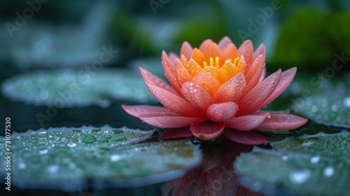 a close up of a water lily with drops of water on it s petals and leaves in the background.