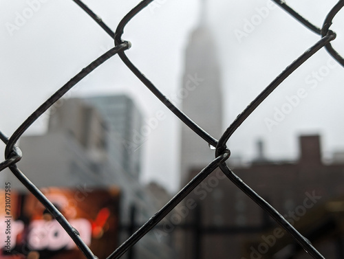 Image of a fence with the New York skyline in the backdrop.
