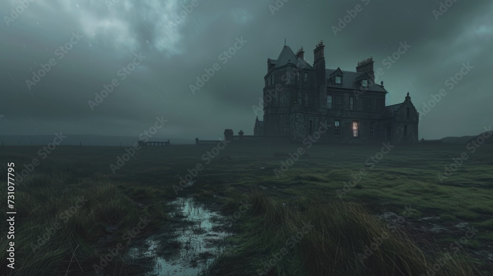 Spooky thin and tall mansion standing alone on moor, rainy field, Victorian architecture, stormy fog night. Creepy dark haunted castle. Old scary mysterious house. Magical fairy tale. Exterior outside