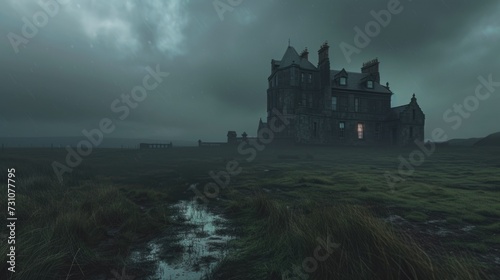 Spooky thin and tall mansion standing alone on moor, rainy field, Victorian architecture, stormy fog night. Creepy dark haunted castle. Old scary mysterious house. Magical fairy tale. Exterior outside