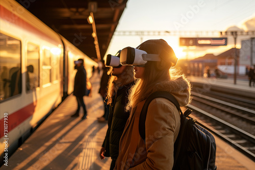 People wearing VR virtual reality headsets at a train station