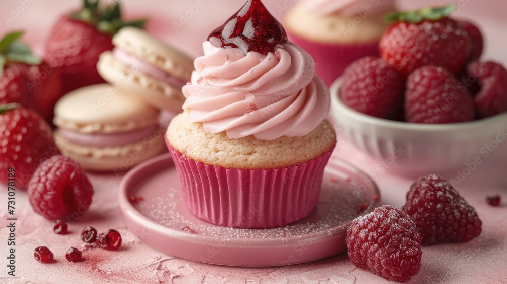 a pink plate topped with a cupcake covered in frosting and topped with raspberries next to a bowl of raspberries.