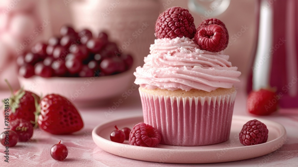 a cupcake with frosting and raspberries on a plate next to a bowl of raspberries.
