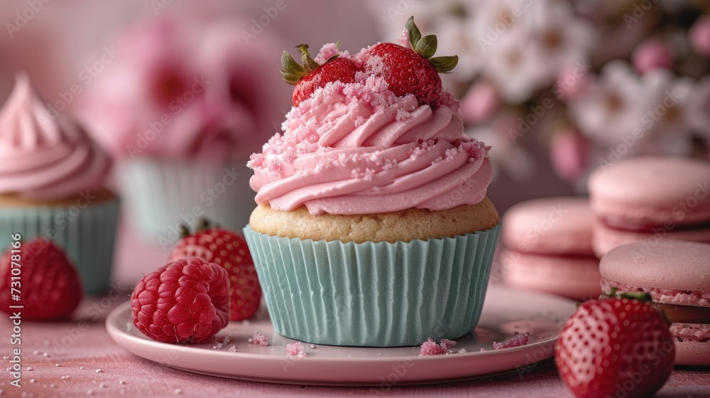 a close up of a cupcake with frosting and strawberries on a plate next to other cupcakes.