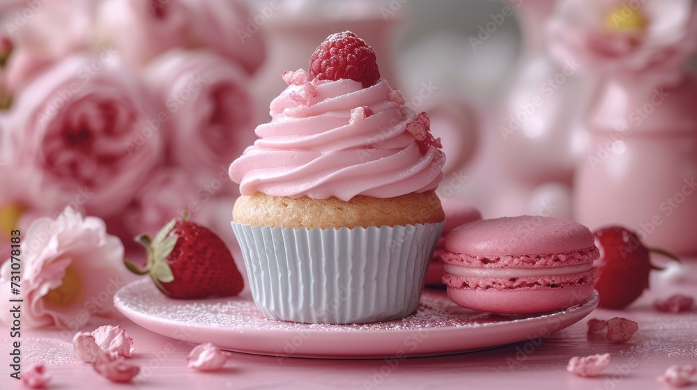 a close up of a plate of food with a cupcake and a strawberry on the top of the cupcake.