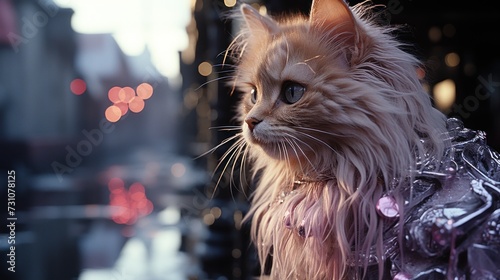 a close up of a cat wearing a jacket on a street with blurry lights in the backround. photo