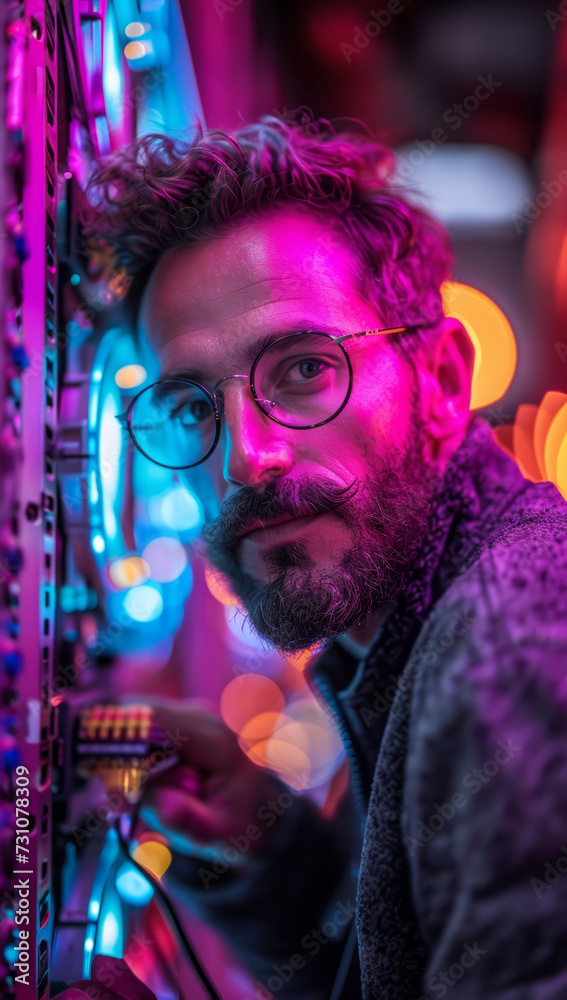 Portrait of handsome man with glasses and beard. Tech man with laptop working in the network Portrait of handsome man with glasses and beard. Tech man with laptop working in the network