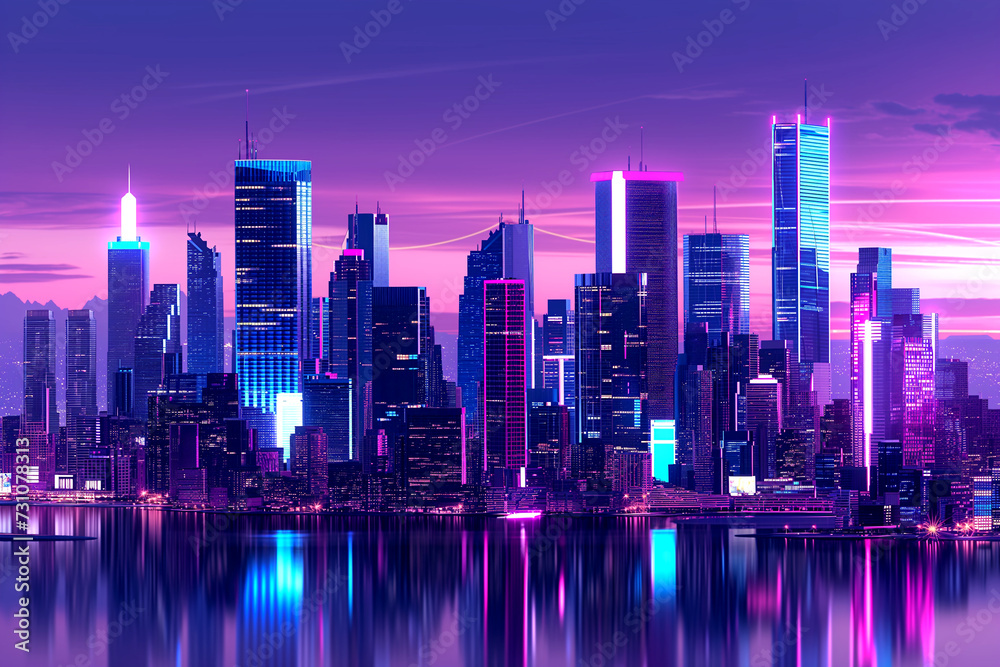 Obraz premium Illustration of a city in cyberpunk style. City of the future. Neon lighting. Dystopia. Digital illustration.